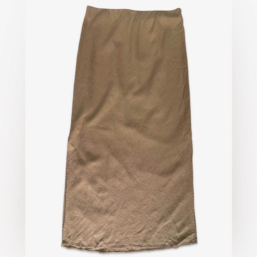 RW&CO Camel Linen Blend Maxi Skirt Side Slits Straight Fit with Drape - XS - Picture 2 of 10